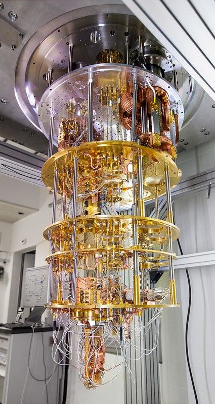 Quantum computer based on superconducting qubits. The device shown here will be inserted into a dilution refrigerator and cooled to a temperature less than 1 kelvin. This part was built at IBM Research in Zurich in collaboration with IBM Thomas J. Watson Research Center in Yorktown Heights, USA. 28 September 2017 – IBM Zurich Lab